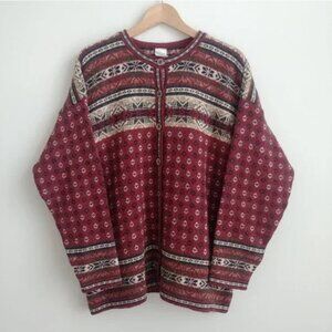 Vintage made in Canada wool blend Large roomy cardigan sweater red patterned
